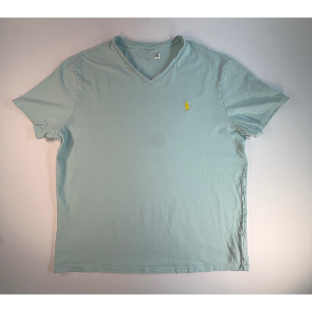 Polo Ralph Lauren Mens XL V-Neck T-Shirt Aqua Blue Yellow Pony Logo Short Sleeve